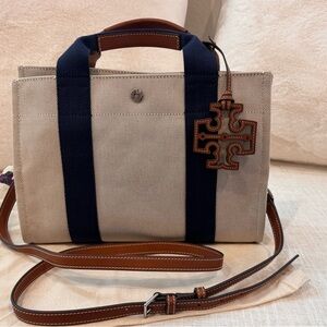 Tory Burch Tan and Blue Tote with Gold Hardware